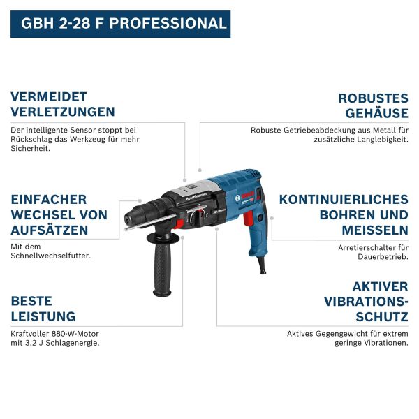 Bosch Professional Bohrhammer GBH 2-28 F (SDS plus, inkl. Wechselfutter, Schnellwechselbohrfutter, Zusatzhandgriff, Tiefenanschlag, Koffer)